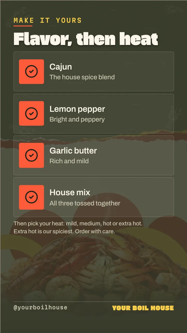 Seafood boil menu board · Portrait for a seafood boil restaurant: slide 3 of 4, the list of services and options
