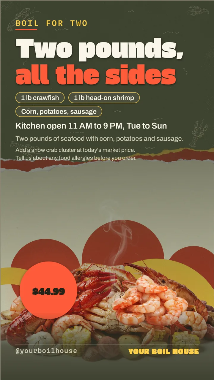 Seafood boil menu board · Portrait for a seafood boil restaurant: slide 4 of 4, the offer with its price and terms