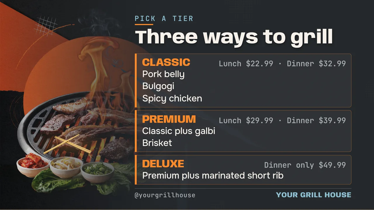 Korean BBQ all you can eat menu board · Landscape for a Korean BBQ restaurant: slide 2 of 4, the menu with prices