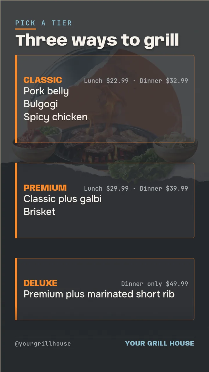 Korean BBQ all you can eat menu board · Portrait for a Korean BBQ restaurant: slide 2 of 4, the menu with prices