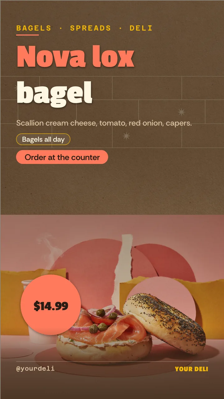 Bagel shop breakfast menu board · Portrait digital signage template preview