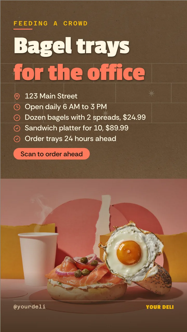 Bagel shop breakfast menu board · Portrait for a bagel shop and deli: slide 4 of 4, the address, hours and how to book or order