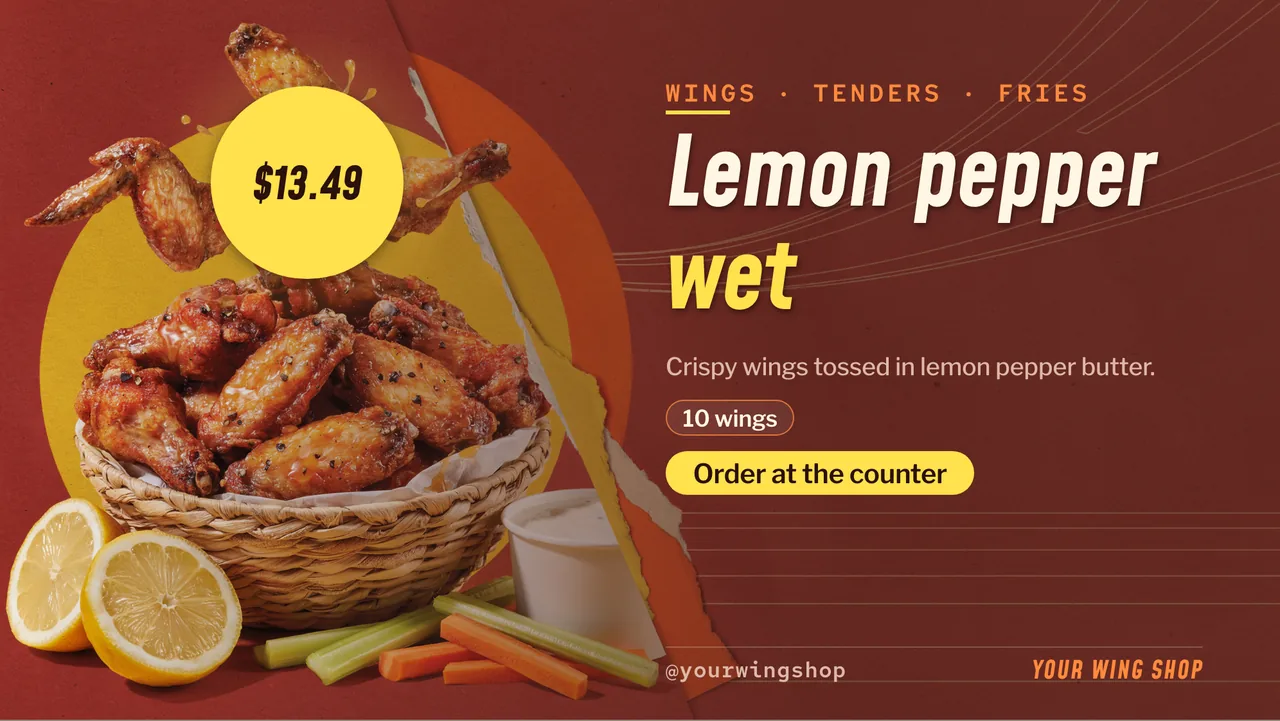 Wing shop menu board · Landscape digital signage template preview