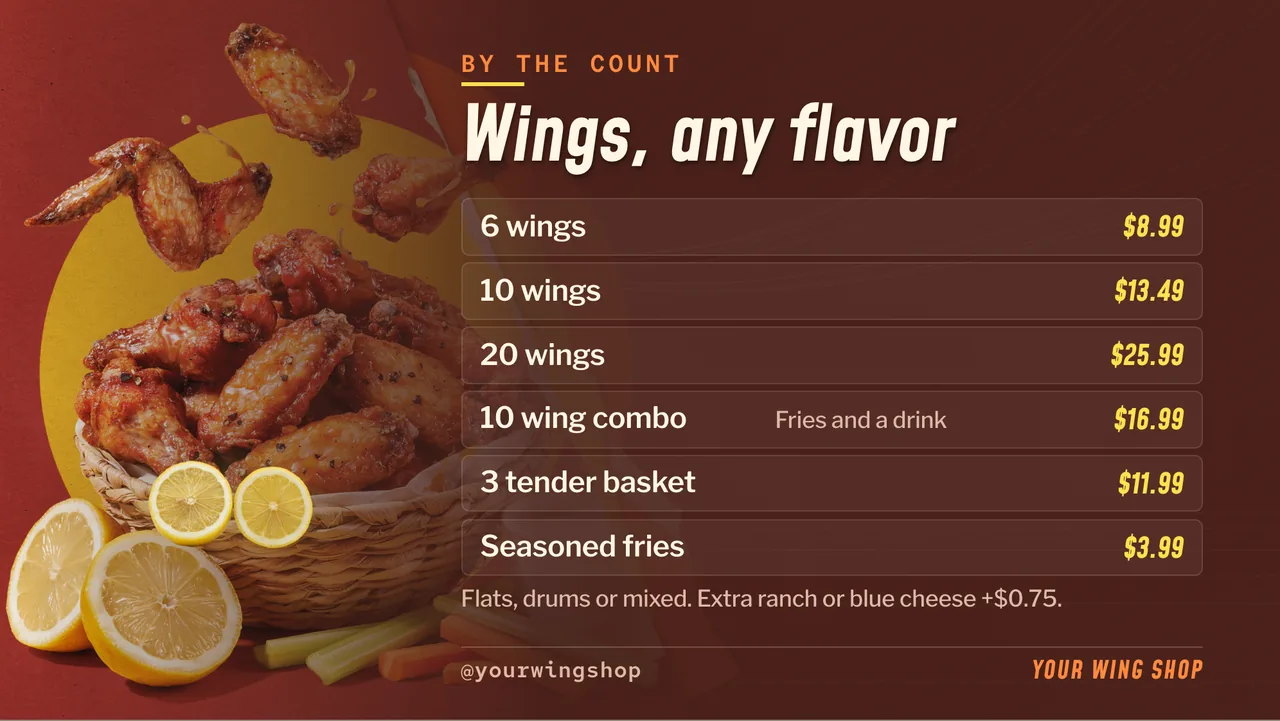 Wing shop menu board · Landscape for a wing shop: slide 2 of 4, the menu with prices