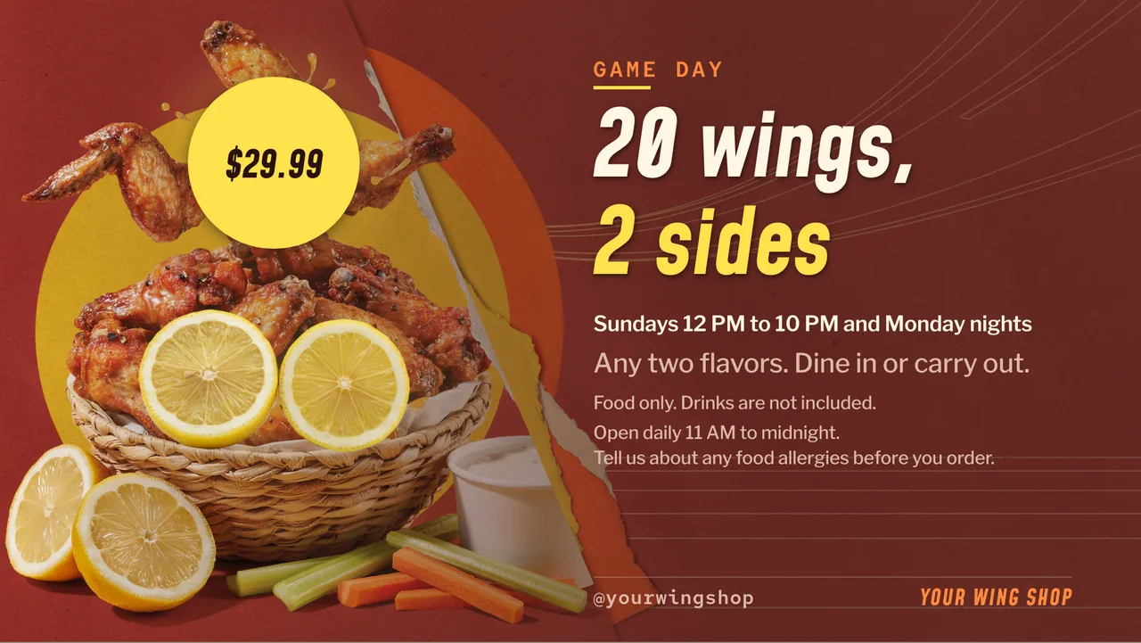 Wing shop menu board · Landscape for a wing shop: slide 4 of 4, the offer with its price and terms