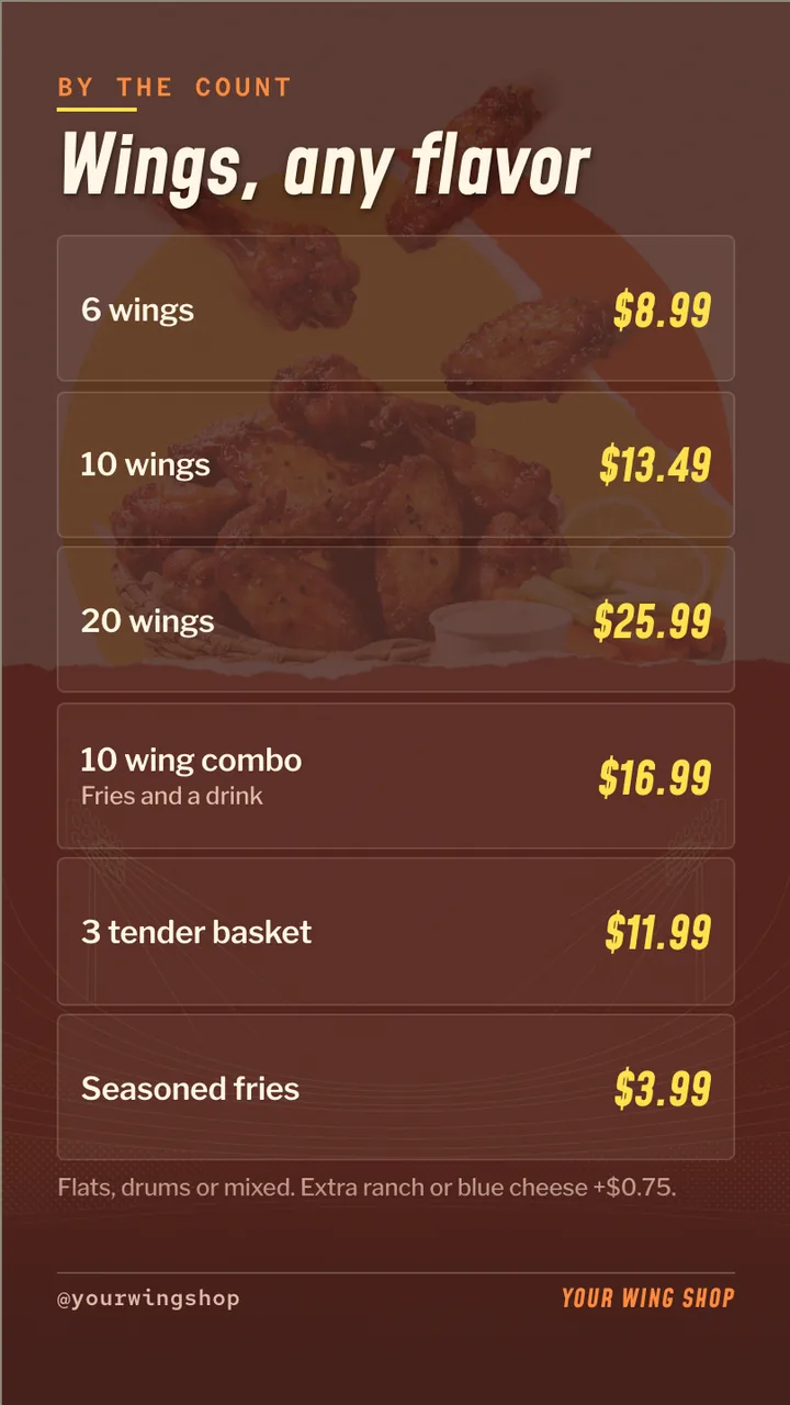 Wing shop menu board · Portrait for a wing shop: slide 2 of 4, the menu with prices