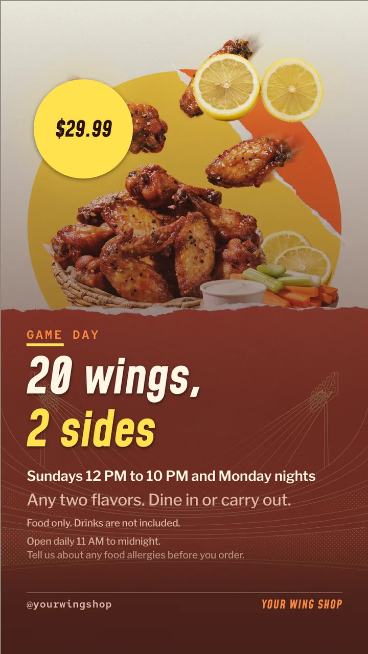 Wing shop menu board · Portrait for a wing shop: slide 4 of 4, the offer with its price and terms
