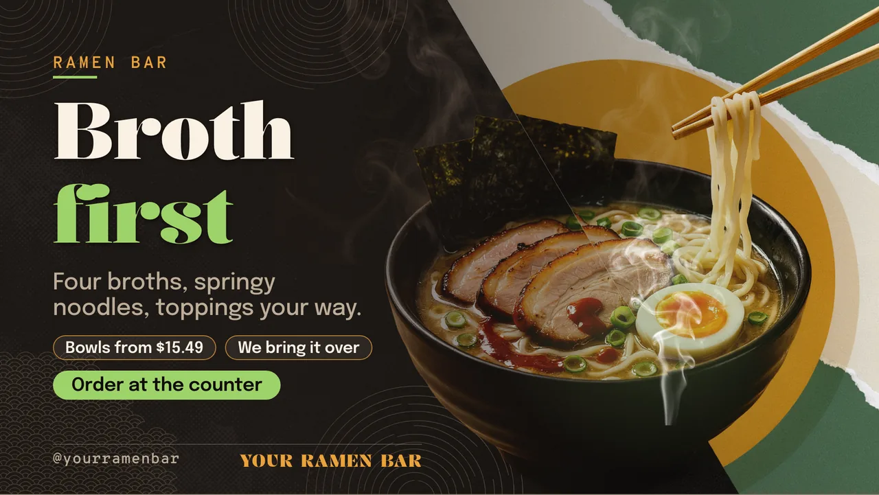 Ramen shop menu board · Landscape for a ramen shop: slide 1 of 4, the headline and what the business offers