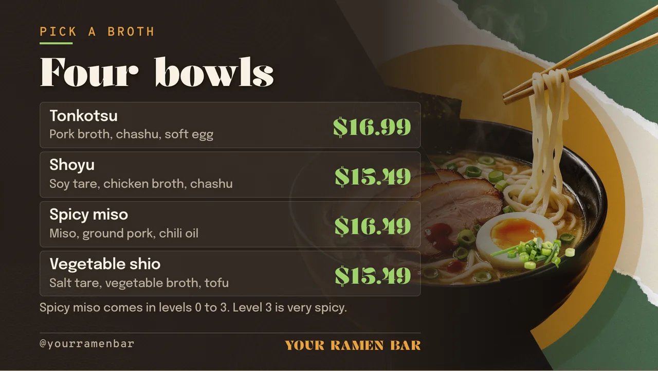 Ramen shop menu board · Landscape for a ramen shop: slide 2 of 4, the menu with prices
