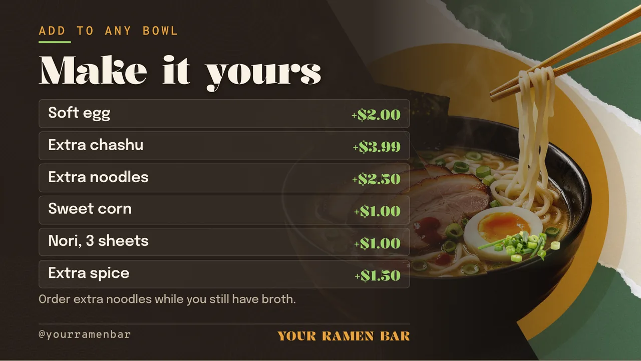 Ramen shop menu board · Landscape for a ramen shop: slide 3 of 4, the list of services and options