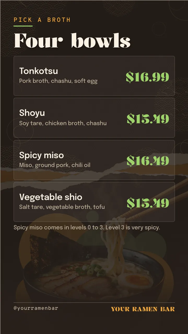 Ramen shop menu board · Portrait for a ramen shop: slide 2 of 4, the menu with prices