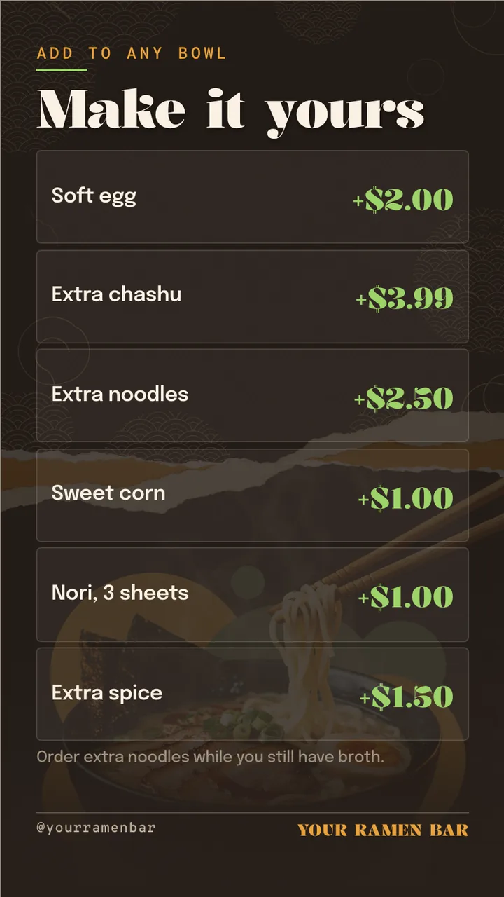 Ramen shop menu board · Portrait for a ramen shop: slide 3 of 4, the list of services and options
