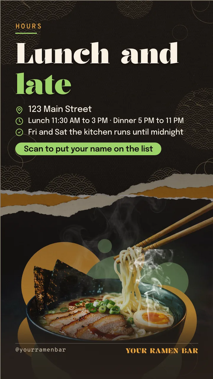 Ramen shop menu board · Portrait for a ramen shop: slide 4 of 4, the address, hours and how to book or order