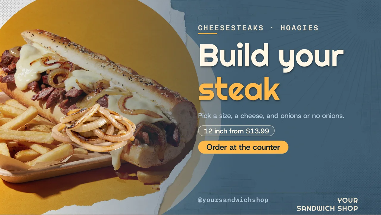 Cheesesteak shop menu board · Landscape digital signage template preview