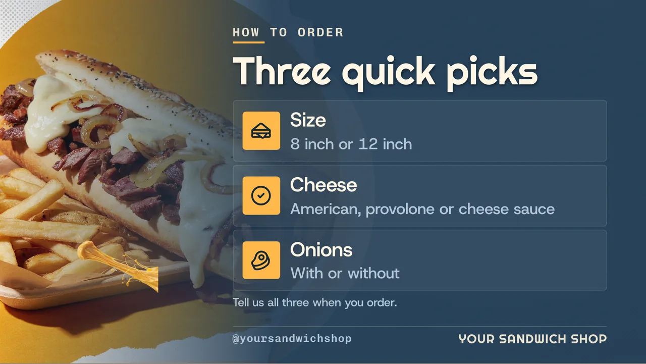 Cheesesteak shop menu board · Landscape for a cheesesteak shop: slide 3 of 4, the list of services and options