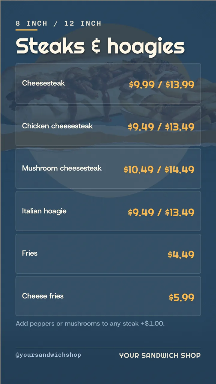 Cheesesteak shop menu board · Portrait for a cheesesteak shop: slide 2 of 4, the menu with prices