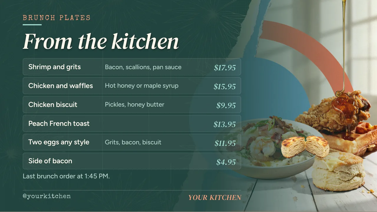 Weekend brunch menu board · Landscape for a weekend brunch restaurant: slide 2 of 4, the menu with prices