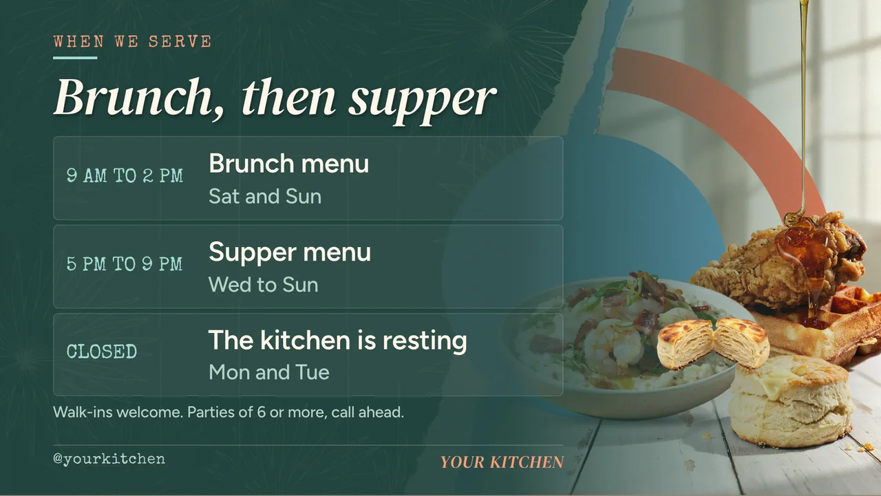 Weekend brunch menu board · Landscape for a weekend brunch restaurant: slide 3 of 4, the schedule with times