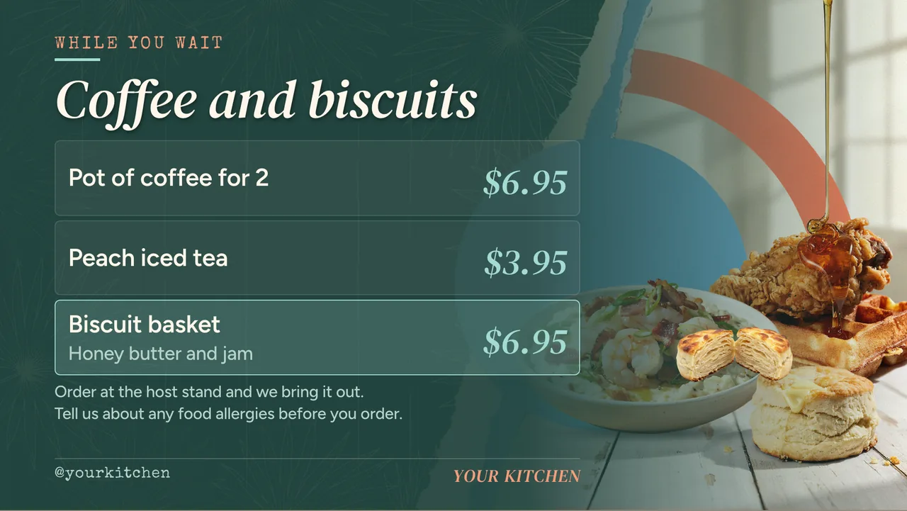 Weekend brunch menu board · Landscape for a weekend brunch restaurant: slide 4 of 4, the prices for packs and add-ons