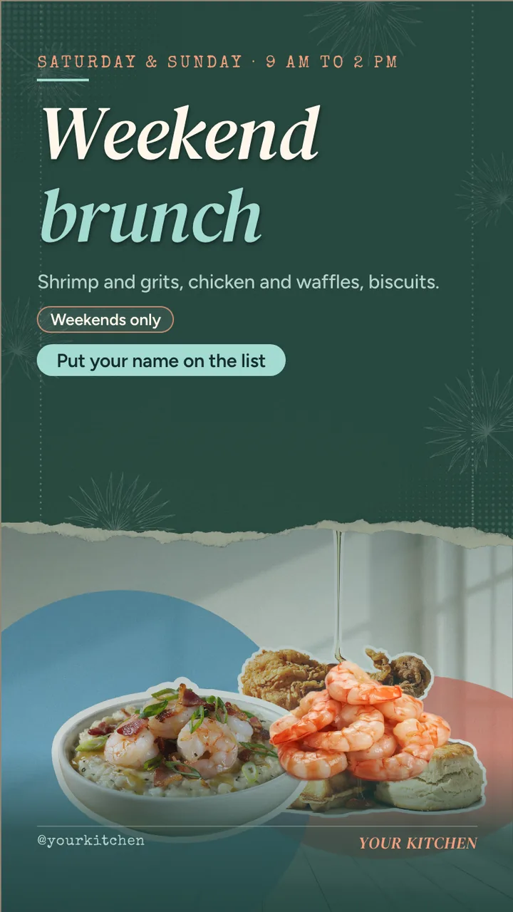 Weekend brunch menu board · Portrait for a weekend brunch restaurant: slide 1 of 4, the headline and what the business offers