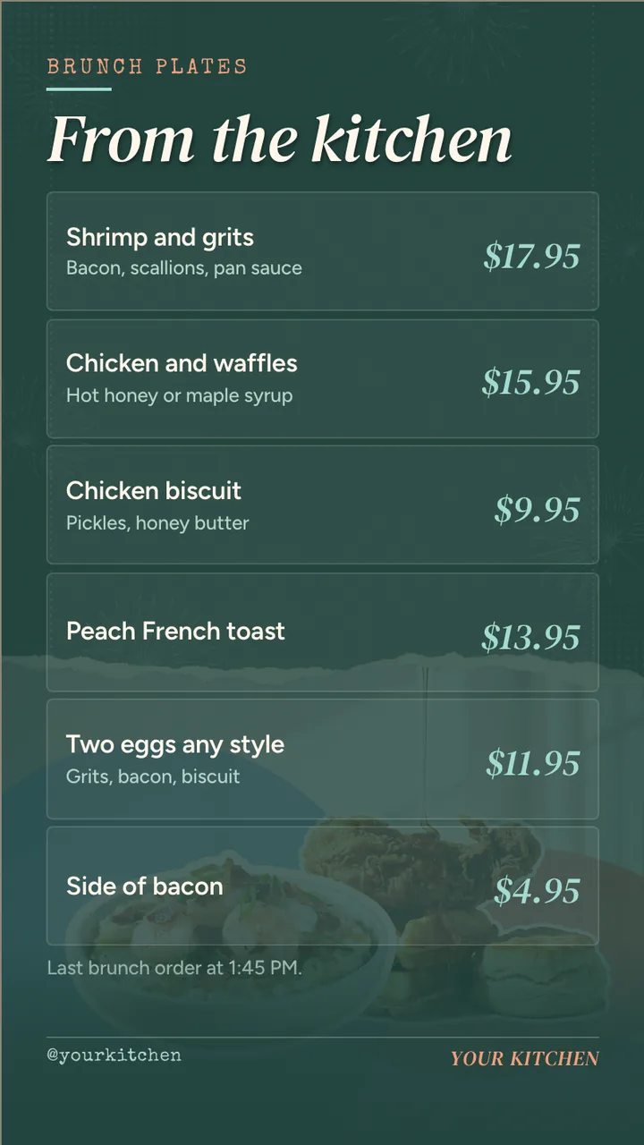 Weekend brunch menu board · Portrait for a weekend brunch restaurant: slide 2 of 4, the menu with prices