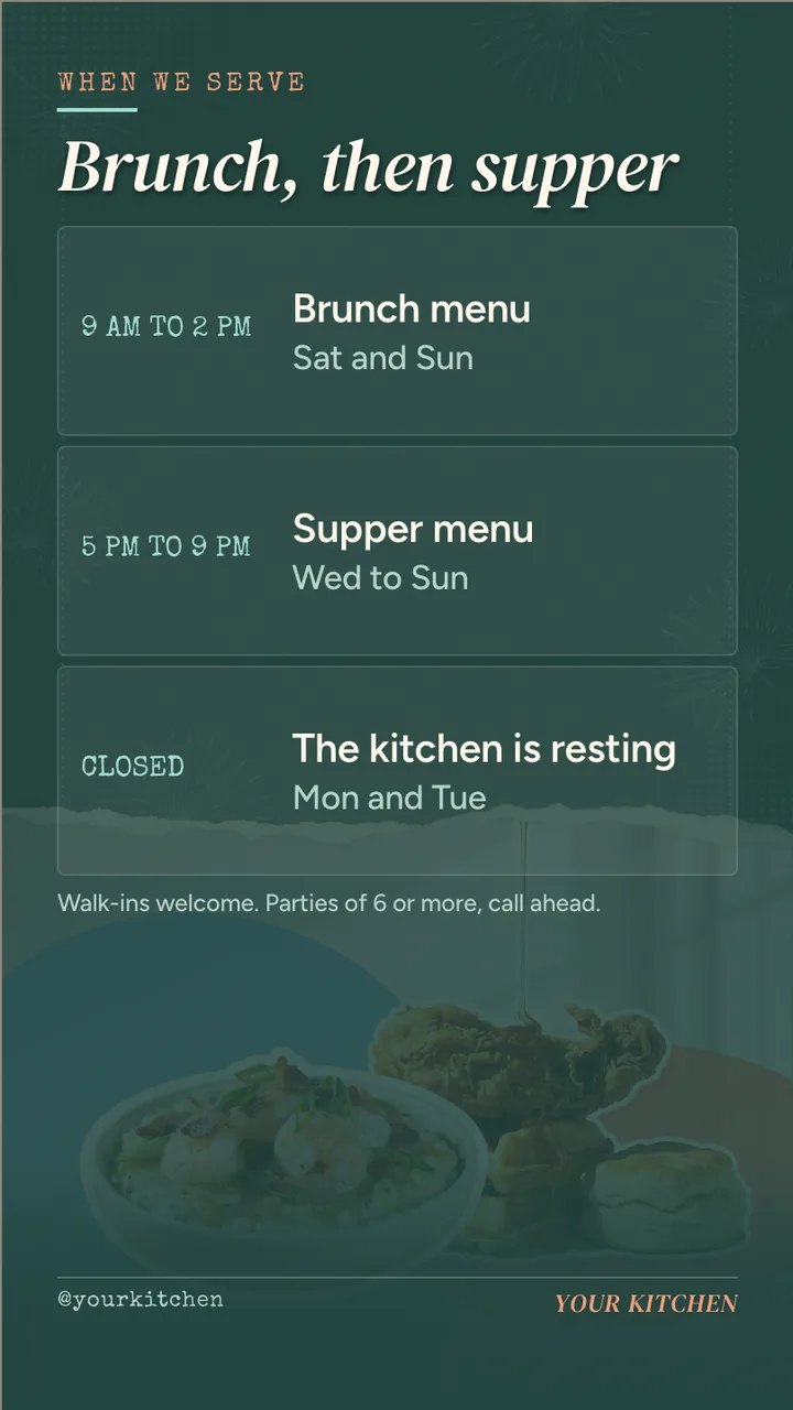 Weekend brunch menu board · Portrait for a weekend brunch restaurant: slide 3 of 4, the schedule with times