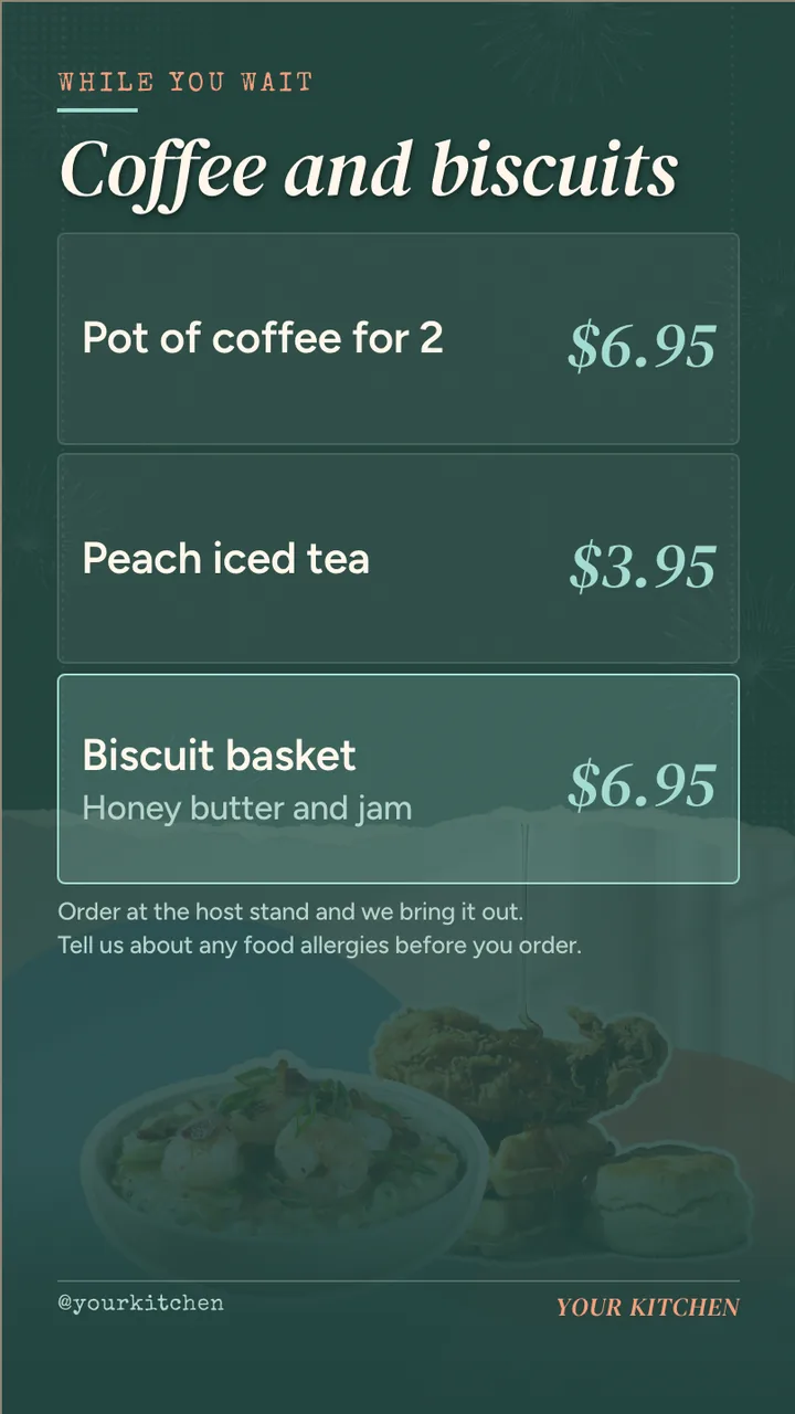 Weekend brunch menu board · Portrait for a weekend brunch restaurant: slide 4 of 4, the prices for packs and add-ons