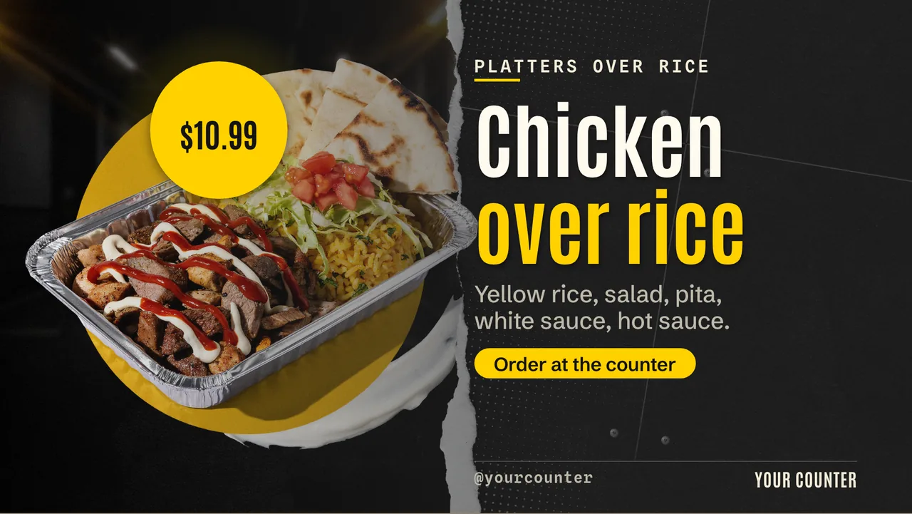 Chicken over rice menu board · Landscape for a chicken over rice counter: slide 1 of 4, the headline and what the business offers