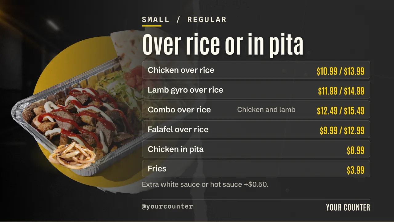 Chicken over rice menu board · Landscape for a chicken over rice counter: slide 2 of 4, the menu with prices