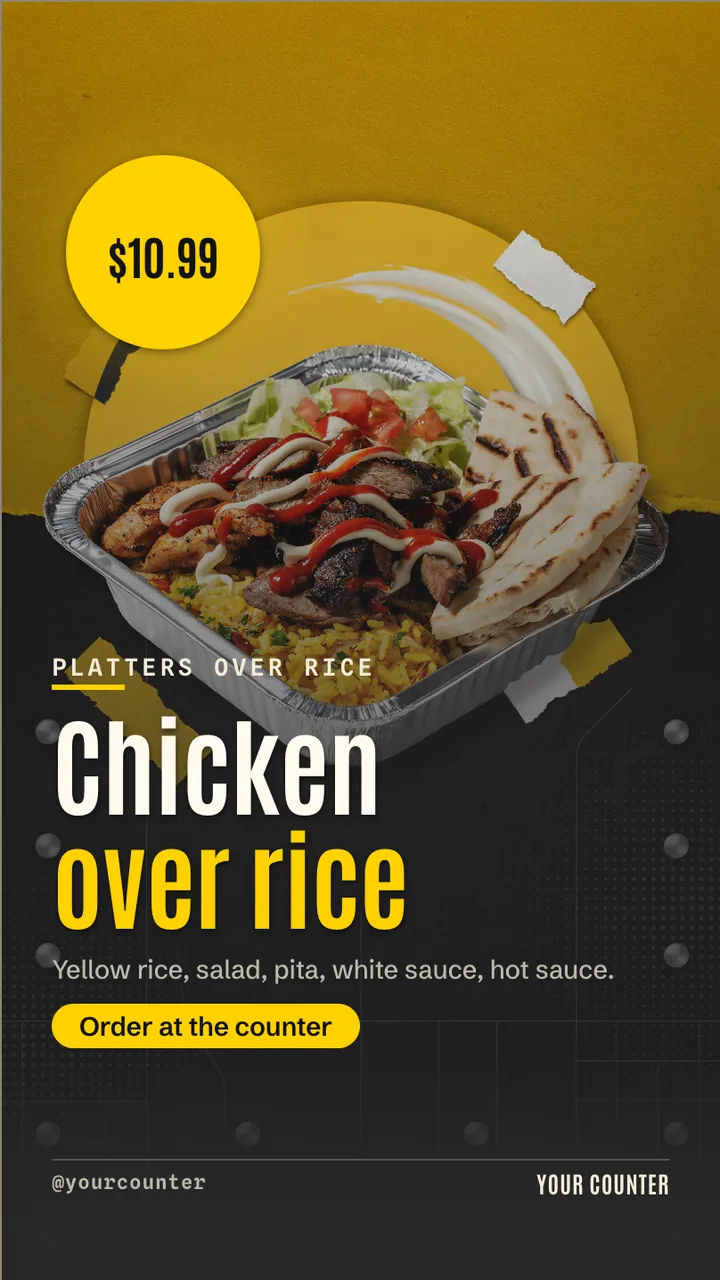 Chicken over rice menu board · Portrait for a chicken over rice counter: slide 1 of 4, the headline and what the business offers
