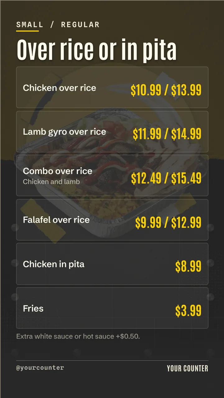 Chicken over rice menu board · Portrait for a chicken over rice counter: slide 2 of 4, the menu with prices