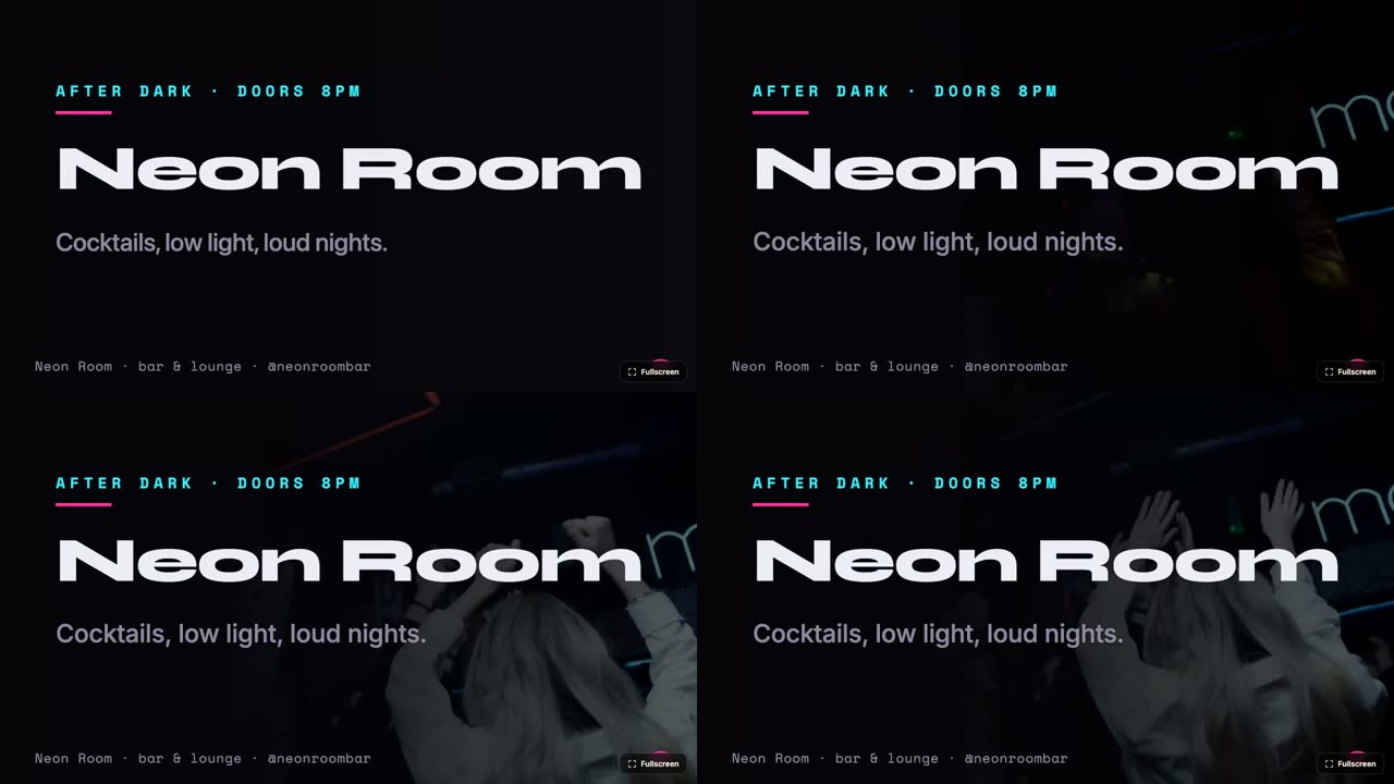 Four TVs showing the same bar menu, changed from one board